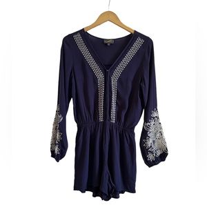 Navy Embroidered Shorts Romper Long Sleeve